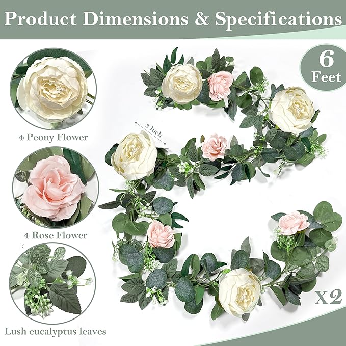 2 Pack 13Ft Artificial Eucalyptus Flower Garland with 16 White Peony Pink Rose, Baby Breath Fake Flowers Greenery Garland Floral Vine for Mantle Wedding Table Runner Centerpiece Backdrop Home Decor