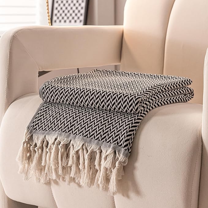 Peshtemania Premium Cotton Light Weight Boho Throw Blanket 50”x60” Gray Black and Off White for Bed Chair Couch Farmhouse Turkish Throws for Sofa Bedroom Outdoor Fall Throw Blanket Yoga Blanket