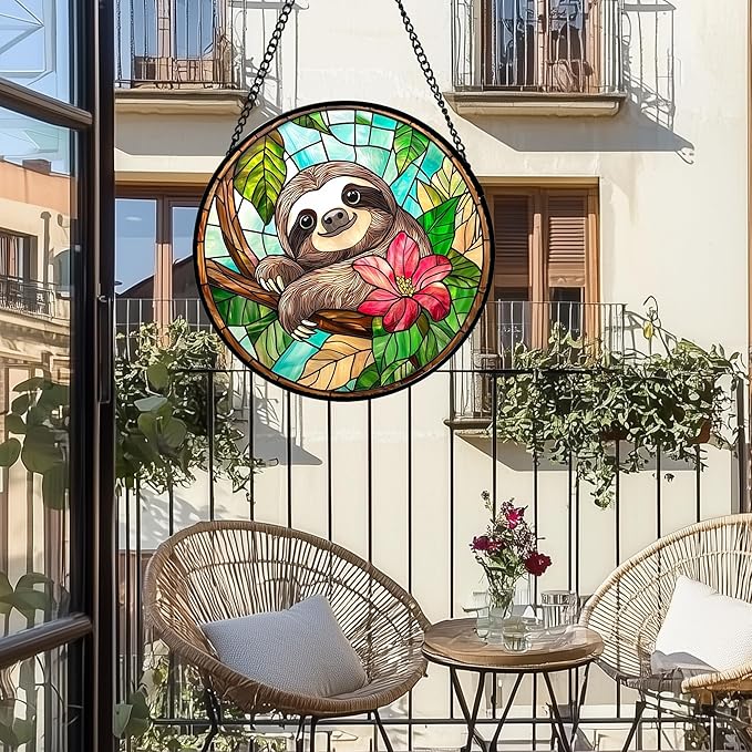 Stained Glass Window Hanging, Cute Sloth Sun Catcher for Door Home Decor Animal Suncatcher Christmas Mother's Day Birthday Gifts for Women Men Mom and Nana 9.8 in