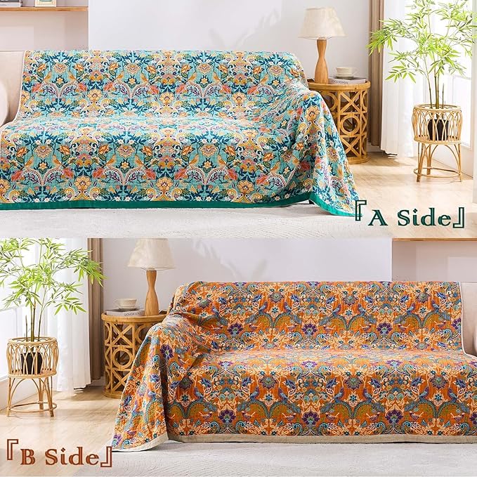 Boho Blanket Throw Quilt, 100% Cotton Soft Light Weight Throw Blankets for Summer, 90"x98" Farmhouse Flower Decorative Blankets, All Season Rustic Reversible Bohemian Throw Quilt