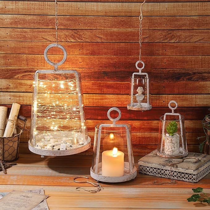 4" Wide Modern Farmhouse Metal Hurricane Candle Holder with Handmade Sturdy Glass Sleeve in Vintage White for 2" Pillar Candle & Plants, Glass Hurricane Lantern, Industrial, Minimalistic