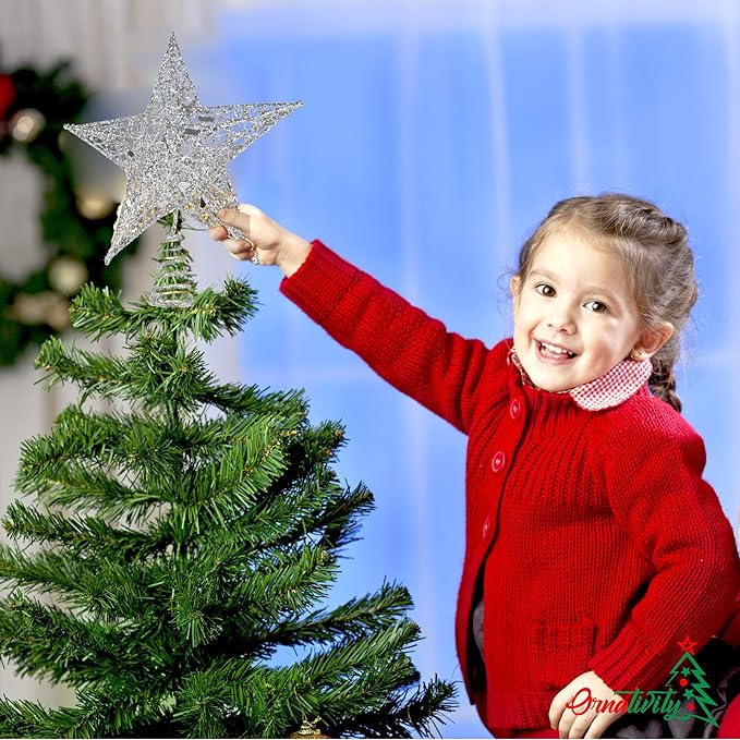 Ornativity Silver Star Tree Topper - Christmas Silver Glitter Sparkle Star Ornament Holiday Decor Top Toppers Xmas Decoration 9"