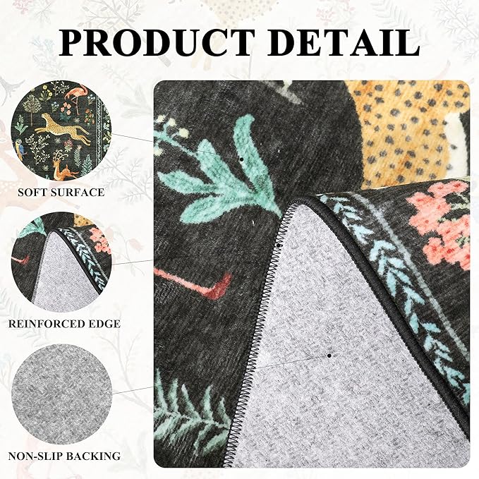 DUKINO 2x5 Rug for Hallway, Washable Kitchen Runner Rug with Non Slip Backing, Soft Low Pile Vintage Animal Runner for Bedroom, Kitchen, Hallway, Entryway, Laundry, Black