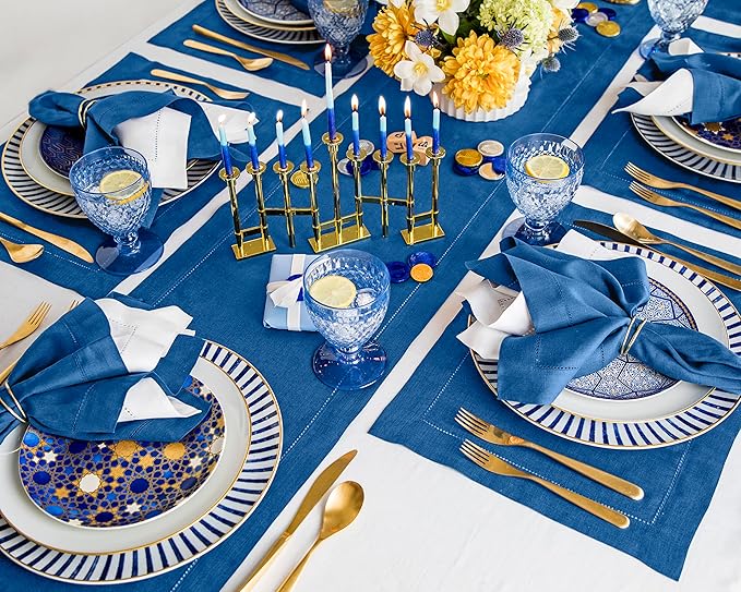 Solino Home Linen Table Runner 48 Inches - 100% Pure Linen Indigo Blue Hemstitch Table Runner 14 x 48 Inch Ideal for Dresser and Coffee Tables - Spring, Easter - Classic Hemstitch
