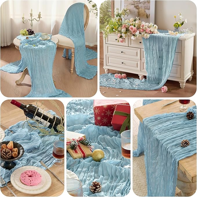 6 Pack Cheesecloth Table Runner 120 Inch Boho Rustic Gauze 10 FT Dusty Blue Cheese Cloths Table Runners Decorations for Spring Summer Birthday Party Baby Shower Wedding Holiday Home Decor