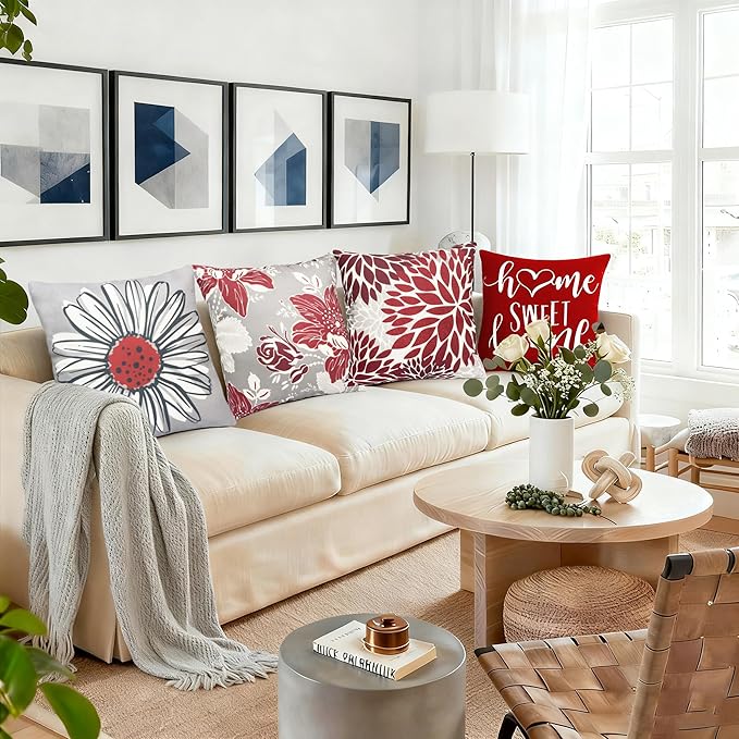 Decorative Throw Pillow Covers Set of 4 Wine Red Pillow Covers 16x16 inch Throw Pillow Cases Linen Square Pillow Case,Farmhouse Outdoor Modern Boho Pillow Covers for Couch Sofa Living Room