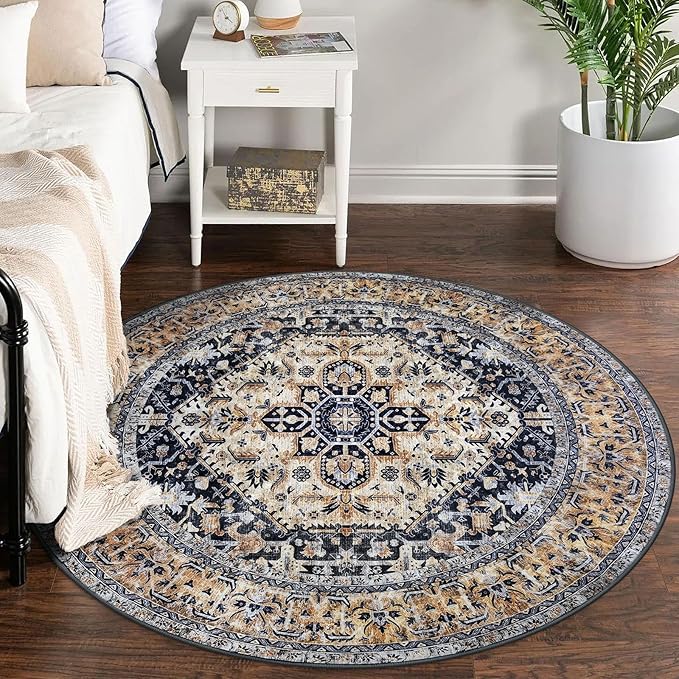 KOZYFLY Boho Round Rug 5 Ft Rugs for Entryway Washable Circle Rug Non Slip Doormat Gold Navy Printed Faux Wool Vintage Round Entryway Rug Floor Carpet Round for Entrance, Bedroom