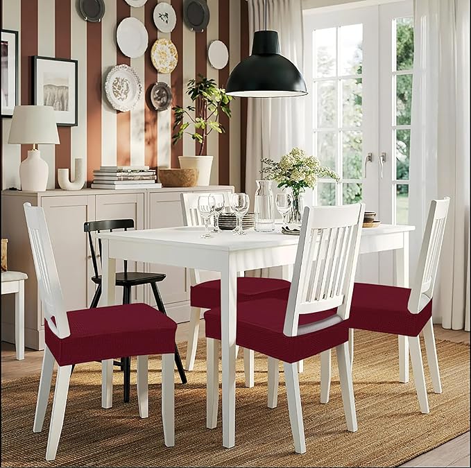 Smiry Stretch Jacquard Seat Covers for Dining Room Chairs Set of 2, Removable Washable Chair Seat Protector Slipcovers, No Rear Covers, Wine Red