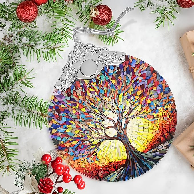 Christmas Ornaments - Stained Glass Tree of Life - Traditional Christmas Decor - Multicolor - Glass - Hanging Ornaments - 1 Count - Unscented - Ideal for Gifting