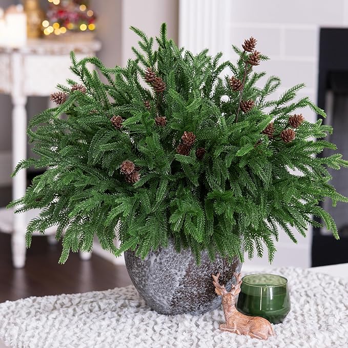 HyeFlora 14 PCS Christmas Norfolk Pine Stems with Small Pine Cones Branches, 19 In Real Touch Artificial DIY Greenery Pine Needles Picks,Xmas Faux Cedar Pine Branche for Vase Indoor Outdoor Home Décor