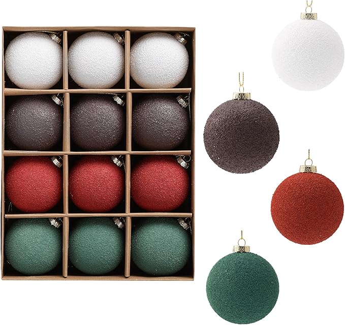 Christmas Ornaments Set 12PCS - 2.4 Inch Textured Shatterproof Vintage Neutral Ball Ornaments for Tree Rustic Farmhouse Decor
