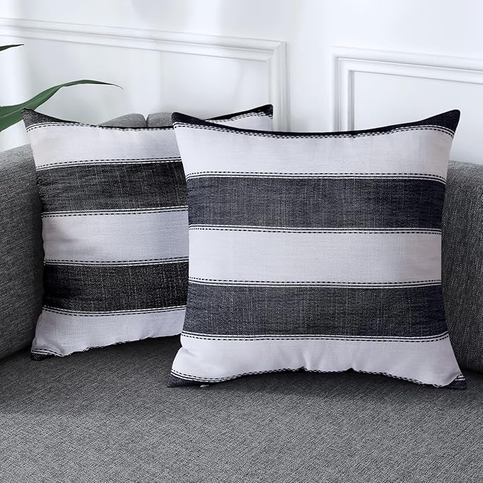 AmHoo Pack of 2 Farmhouse Stripe Check Throw Pillow Covers Set Case Cotton Linen Decorative Pillowcases Cushion Cover for Couch Bench Sofa 20x20Inch Black