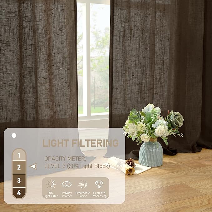 LAMIT Dark Brown Sheer Linen Curtains, 102 inch Light Filtering Semi Sheer Panels Back Tab and Rod Pocket Farmhouse Drapes for Bedroom/Living Room, 2 Panels, 52 x 102 Inch