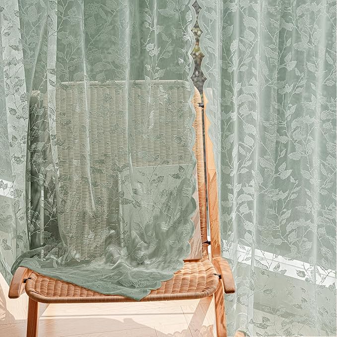 Sage Green Lace Sheer Curtains – Vintage Leaf Pattern Lace for Bedroom, Rustic Privacy Light Filtering Rod Pocket Drapes, Delicate Chic Window Treatments, 52W x 54L Inch, 2-Panels
