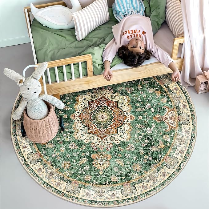 Green Round Rug 4ft,Circle Washable Area Rugs for Bedroom Bathroom Entryway Kitchen,Small Boho Vintage Bohemian Distressed Oriental Floral Carpet Non Slip,Retro Sage Floral