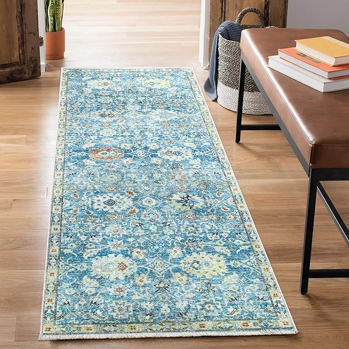 Bloom Rugs Caria Washable Non-Slip 7 ft Runner - Blue/Beige Traditional Runner for Entryway, Hallway, Bathroom, and Kitchen - Exact Size: 2'6" x 7'