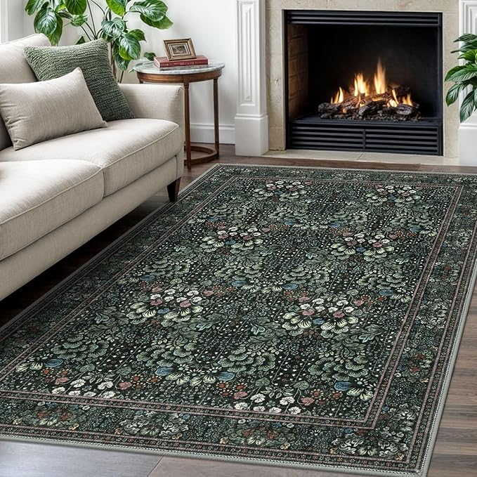 4x6 Modern Rug for Farmhouse, Dark Green Super Soft Washable Rug with Non-Slip, Low-Pile Indoor Door Area Rugs for Living Room Bedroom, Carpet with Non-Shedding