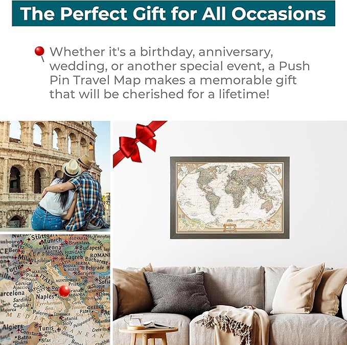 Canvas Executive World Map Pin Board – Framed Travel Map with Pins for Wall – Personalized Push Pin World Map for Tracking Journeys – 27.5" x 39.5" Barnwood Gray Frame