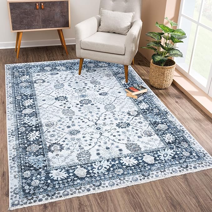Bloom Rugs Caria Washable Non-Slip 6x9 Rug - Navy Blue Traditional Bordered Area Rug for Living Room, Bedroom, Dining Room, and Kitchen - Exact Size: 6' x 9'