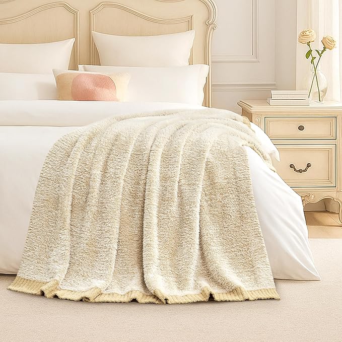 Amélie Home Knit Throw Blanket for Couch, Super Soft Fuzzy Blanket for Sofa, Luxury Cozy Fluffy Throw for Room Decor, 50" x 60", Heather Beige