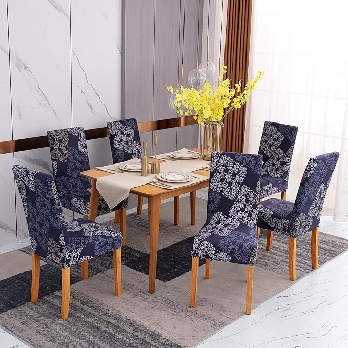 Sufdari Dining Chair Covers,Kitchen Chair Cover,Parsons Chair Slipcover,Spandex Chair Protectors for Dining Room Stretch Chairs Cover Set of 4 -Blue Geometric
