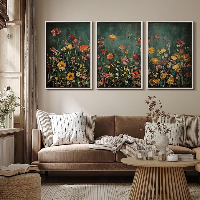 MUDECOR Framed Wall Art Print Set Vintage Wildflower Meadow with Colorful Blooms Illustrations Modern Art Boho Decorative Colorful Chic for Living Room, Bedroom, Office - 16"x24"x3 White