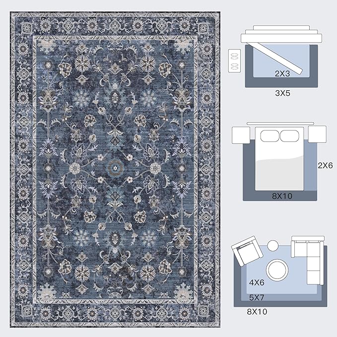 Tangsoo Small Rug 2x3 Throw Rugs for Entryway Washable Entry Rug Non Slip, Vintage Blue Floral Indoor Rugs Distressed Small Carpet Soft Low Pile Boho Door Mat for Entrance Bedroom Kitchen Foyer Decor