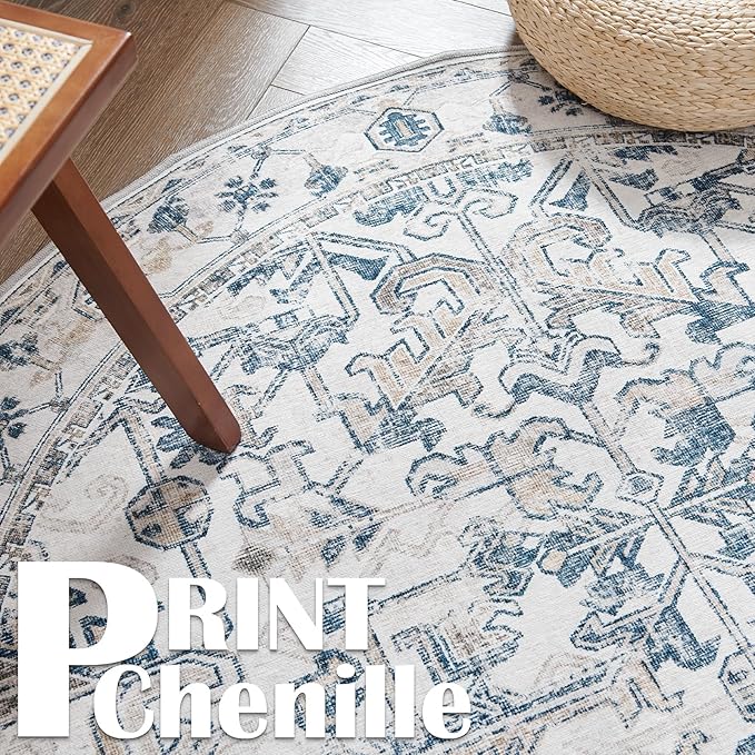 jinchan Lima Round Rug 4ft Vintage Machine Washable Area Rug Indoor Circle 4' Ultra-Thin Non-Slip Floral Print Carpet for Farmhouse Entryway Dining Room Living Room Bedroom Office (4'Round, Blue)
