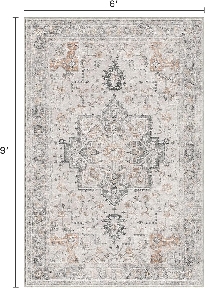6x9 Area Rugs for Living Room, Machine Washable Low Pile Rugs, Non Alip Vintage Rug for Bedroom, Dining Room, Home Office, Light Taupe Brown