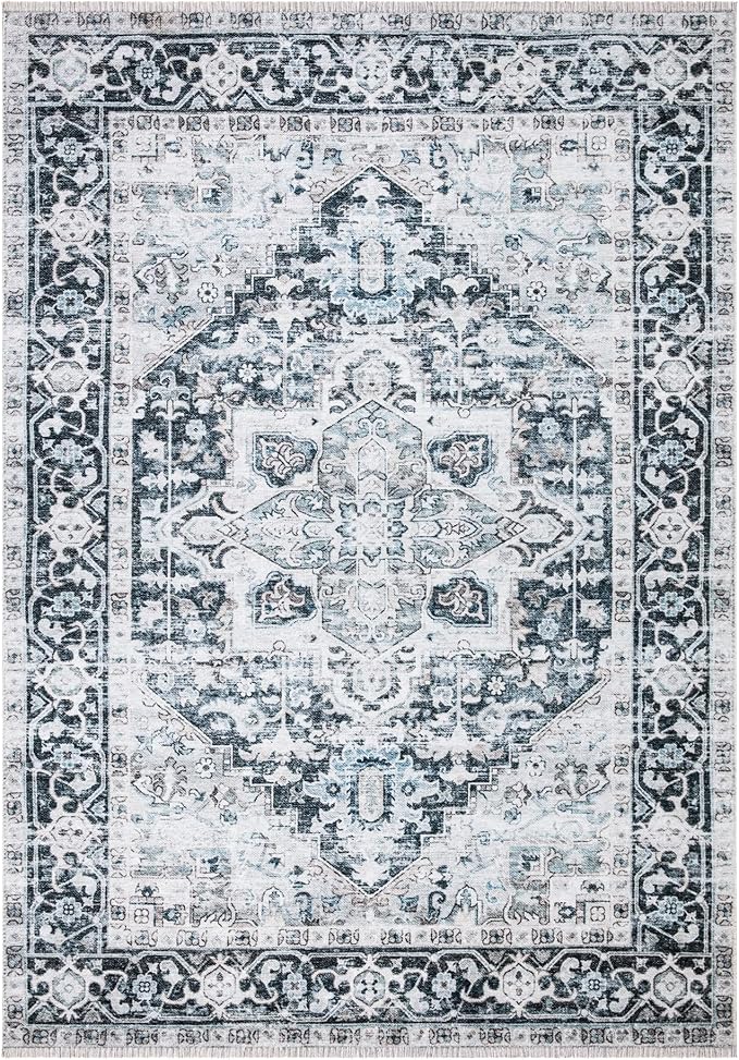Bloom Rugs Caria Washable Non-Slip 9x12 Rug - Denim Blue Traditional Area Rug for Living Room, Bedroom, Dining Room, and Kitchen - Exact Size: 9' x 12'