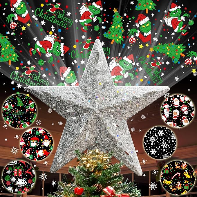 10" Christmas Tree Topper Projector with 6 Projection Modes, Built-in LED Rotating Light, 3D Glitter Dynamic Projector Light Up Xmas Tree Topper Star for Christmas Holiday Party Decorations Gifts