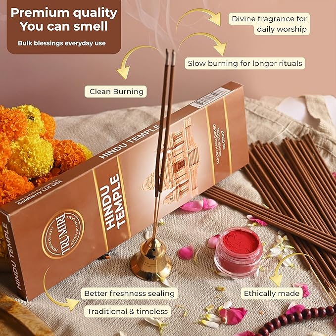 Hindu Temple Incense Sticks - Pack of 100 Insence-Sticks - Made with Natural Non Toxic Raw Ingredients - Sacred Insence Indian Spiritual Agarbatti Insense