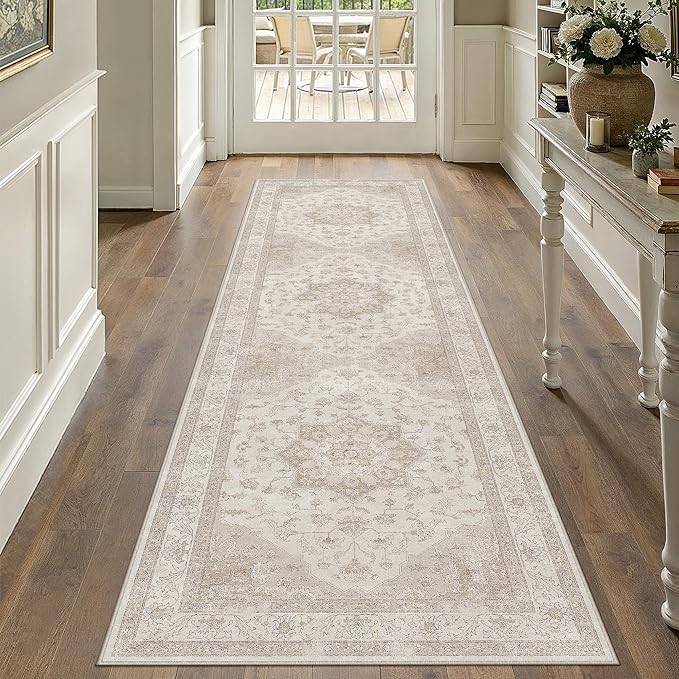 Beige Runner Rug 2x7 Washable Vintage Carpet Hallway Kitchen Soft Retro Low Pile Thin Indoor Bedroom Non Slip Oriental Medallion Long Throw Rug for Bathroom Laundry Dining Room