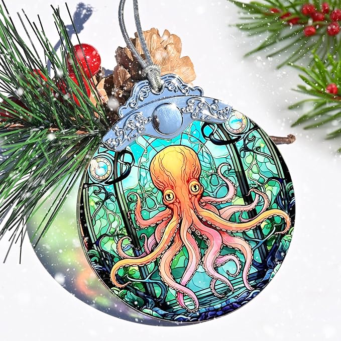 Stained Glass Christmas Ornament, Jocidea Octopus Christmas Decorations, Christmas Tree Ornament, Octopus Lovers Gifts, Holiday Decor and Xmas Gifts Ideas