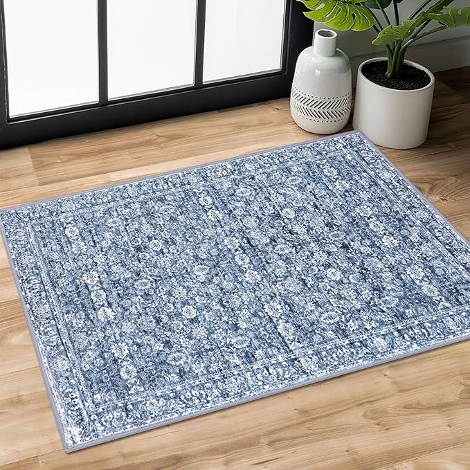 2x3 Washable Rugs for Entrance, Blue Soft Distressed Floral Area Rug, Non-Slip Low-Pile Doormat for Entryway, Dorm, Bedside, Foyer, Indoor Door Mat