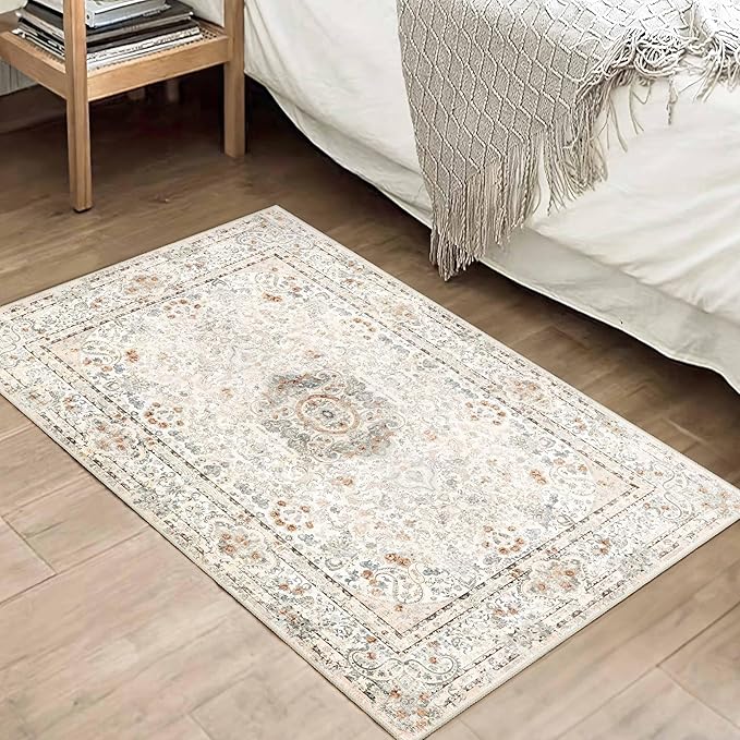 Small Rugs 2x3,Boho Rug for Entryway Bathroom Bedroom Kitchen Entrance Doormat,Vintage Bohemian Distressed Washable Accent Floor Throw Carpet Non Slip,Beige