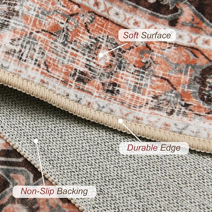 XWZO Runner Rug 2x10ft for Long Hallways, Washable Non-Slip Low Pile Area Rug with Rubber Backing, Spill Resistant Soft Vintage Floor Carpet for Kitchen Entryway Stair Landing Living Room, Brick Red
