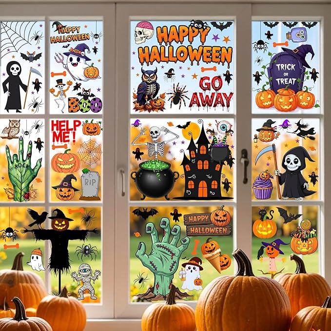 Halloween Window Cling Stickers | Halloween Decorations Party Decorations Indoor Outdoor Décor Accessories Party Favors Supplies Craft Gift Idea For Kids Adult Pumpkin Skull Skeleton Spider - 8 Sheets