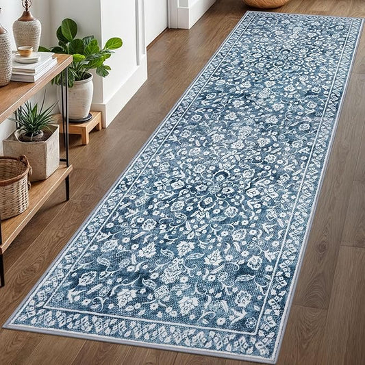 Vintage 3x8 Hallway Rug, Blue and White Washable Hallway Runner Rug Non Slip, Super Soft Kitchen Runner Rug, Print Faux Wool Floral Thin Carpet Runner for Entryway Indoor Bedside Runner