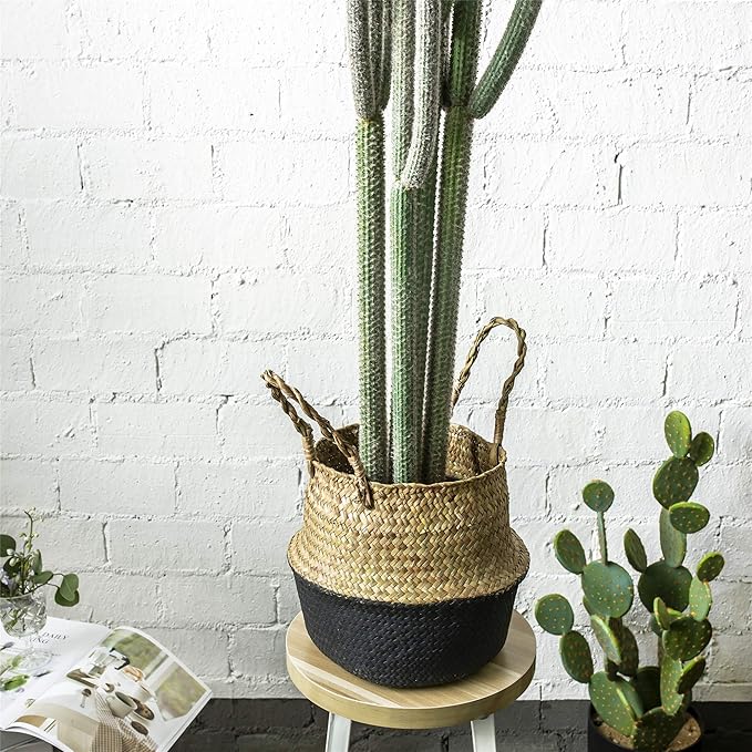 NCYP 4ft (48 Inch) Tall Artificial Cactus in Plastic Planter with Seagrass Basket - Faux Small Saguaro Cacti Potted for Home, Room, Office, Indoor Farmhouse Floor Decor, Fake Plants