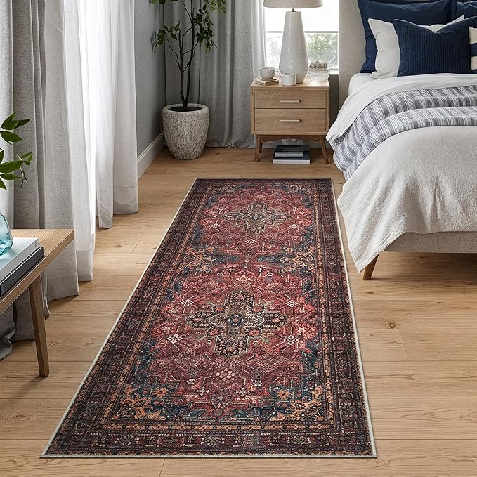 Bloom Rugs Washable Non-Slip 12 ft Runner - Red/Teal Blue/Yellow Traditional Medallion Runner for Entryway, Hallway, Bathroom, and Kitchen - Exact Size: 2.5' x 12'