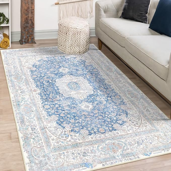 Blue Rug 3x5,Washable Area Rugs for Bedroom Living Room Kitchen Entryway,Small Boho Vintage Bohemian Distressed Non Slip Carpet,Floral