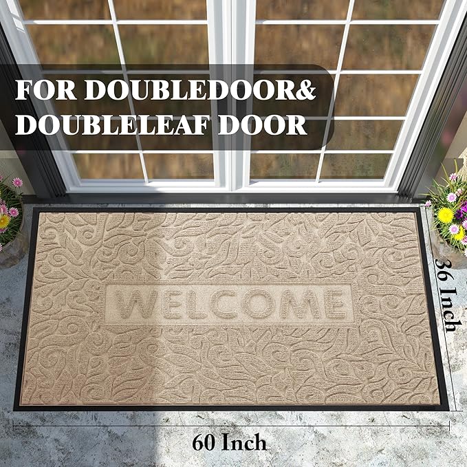 Yimobra Large Welcome Mat 60x36, Waterproof Non-Slip Outdoor Mats for Front Door Outside Entrance, Low-Profile Entryway Mat Indoor for Garage Patio, Beige