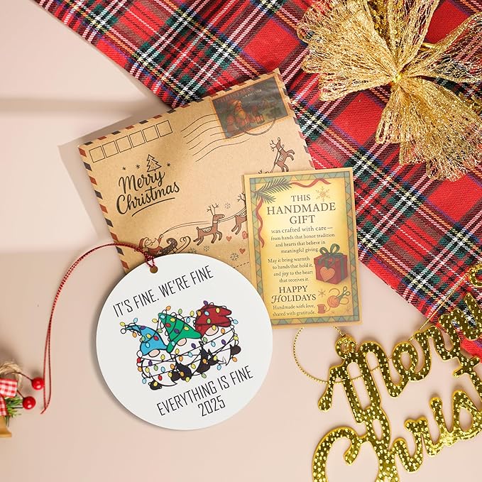 Funny Christmas Ornaments, Its Fine Im Okay Everythings Fine, Gnome Ornaments for Christmas Tree, Gnomes Gifts for Women, Tangled Lights Gnome Trio, Stress Relief Humor, White Elephant Exchange 2025