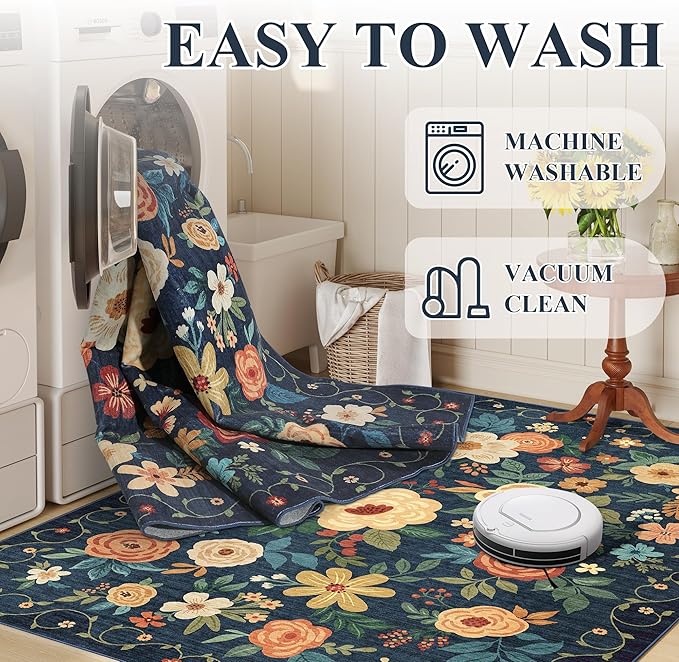 DUKINO Floral Round Rug, 6ft Washable Circle Rug, Non Slip Indoor Low Pile Circle Rug, Soft Small Boho Design Carpet for Bedroom, Entryway, Living Room, Dining Room, Dark Blue