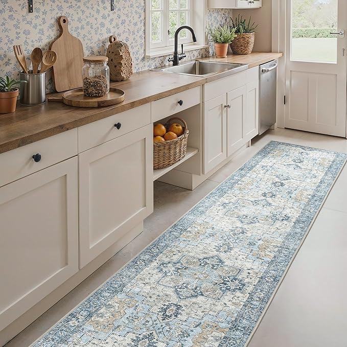 Runner Rug 2'6''x12, Non Slip Vintage Machine Washable Hallway Runner Rugs, Low Pile Lightweight Mat for Hallway, Entryway, Bedroom, Kitchen and Corridor, Blue