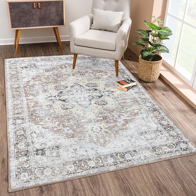 Bloom Rugs Washable Non-Slip 8' x 10' Rug - Blush/Beige Traditional Medallion Area Rug for Living Room, Bedroom, Dining Room, and Kitchen - Exact Size: 8' x 10'
