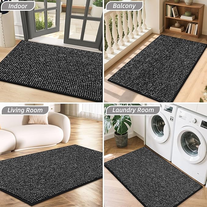 BEQHAUSE Dirt Trapper Door Mat 24" x 36", Non-Slip Washable Doormats Entrance Mat, Dirt Resistant and Absorbent Welcome Mat, Low Profile Floor Mats for Front Back Door and Entryway, Black