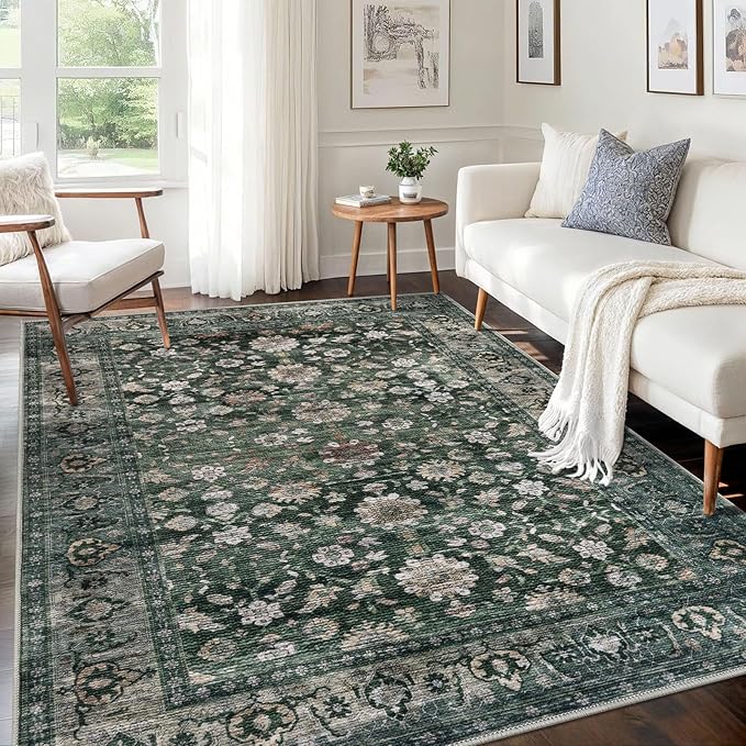 KUTA 5x7 Area Rugs Dark Green, Vintage Washable Rugs for Living Room Ultra Thin Soft Non-Slip Printed Distressed Tribal Traditional Farmhouse Carpet for Bedroom Dining Room Dorm Office Home