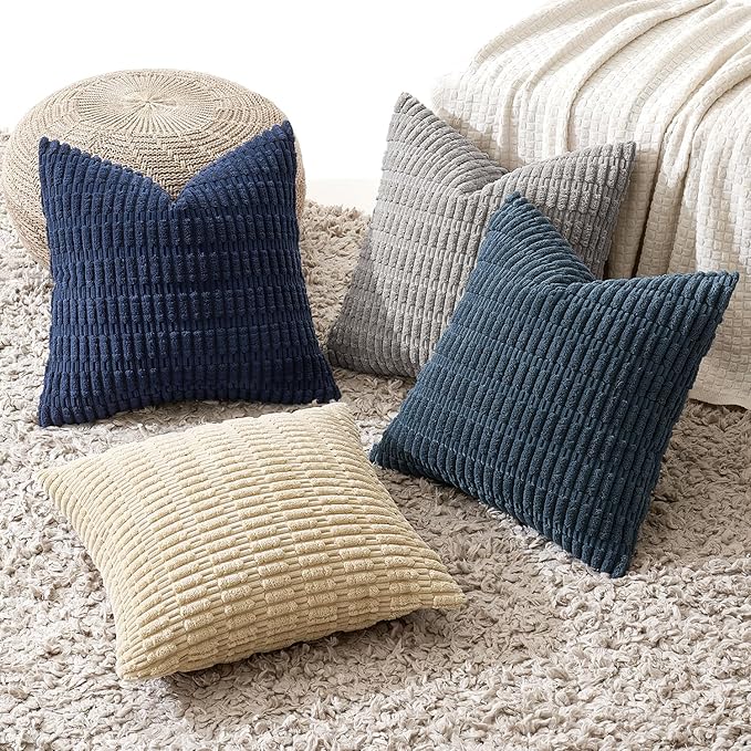 MIULEE Pack of 4 Modern Coastal Western Blue and Brown Corduroy Decorative Throw Pillow Covers 18x18 Inch Soft Striped Pillow Covers Home Decor for Sofa Living Room Couch Bed